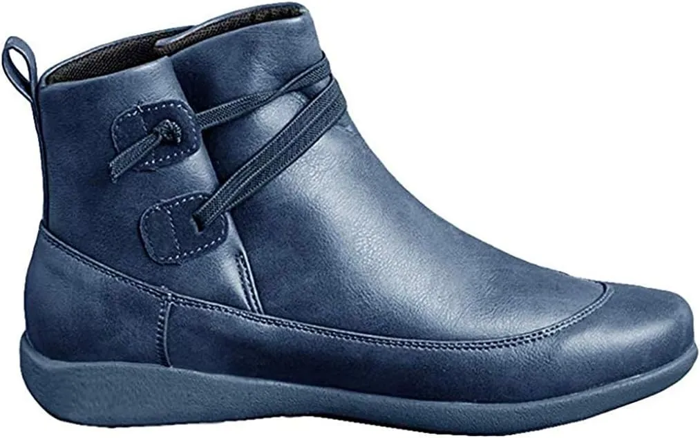 Ru Sweet Women's Arch Support Fashion Lace up Side Zip Vintage Booties Flat Heel