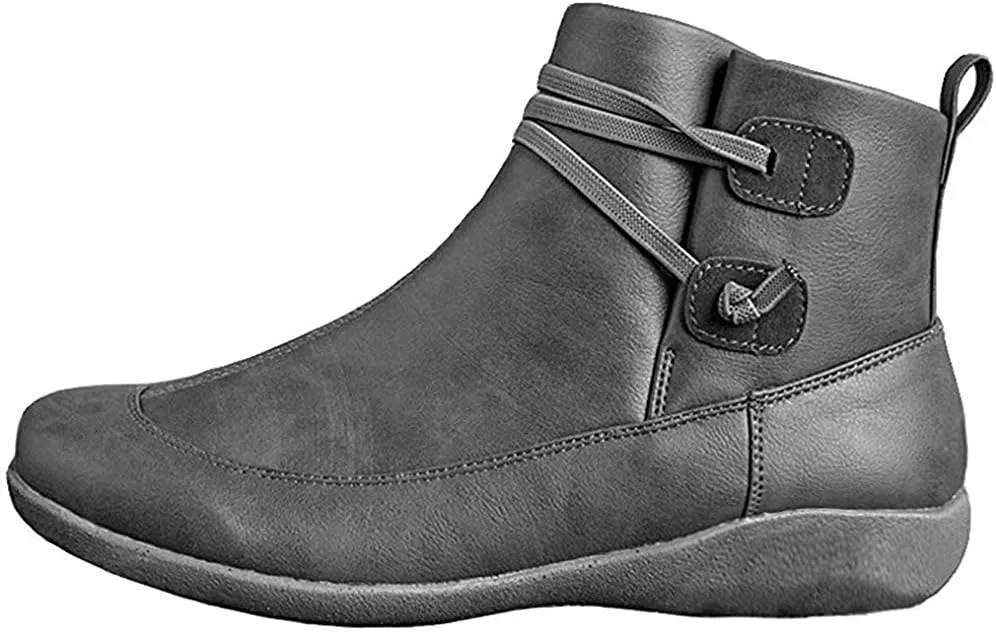 Ru Sweet Women's Arch Support Fashion Lace up Side Zip Vintage Booties Flat Heel