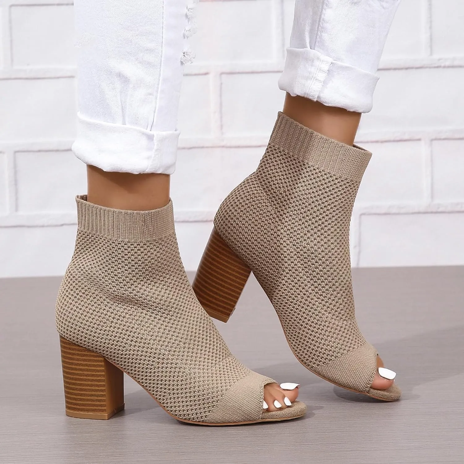 SACFOF Women's Knit Peep Toe Slingback Chunky Heel Ankle Boots Summer Breathable Slip On Dress Sock Heeled Sandals
