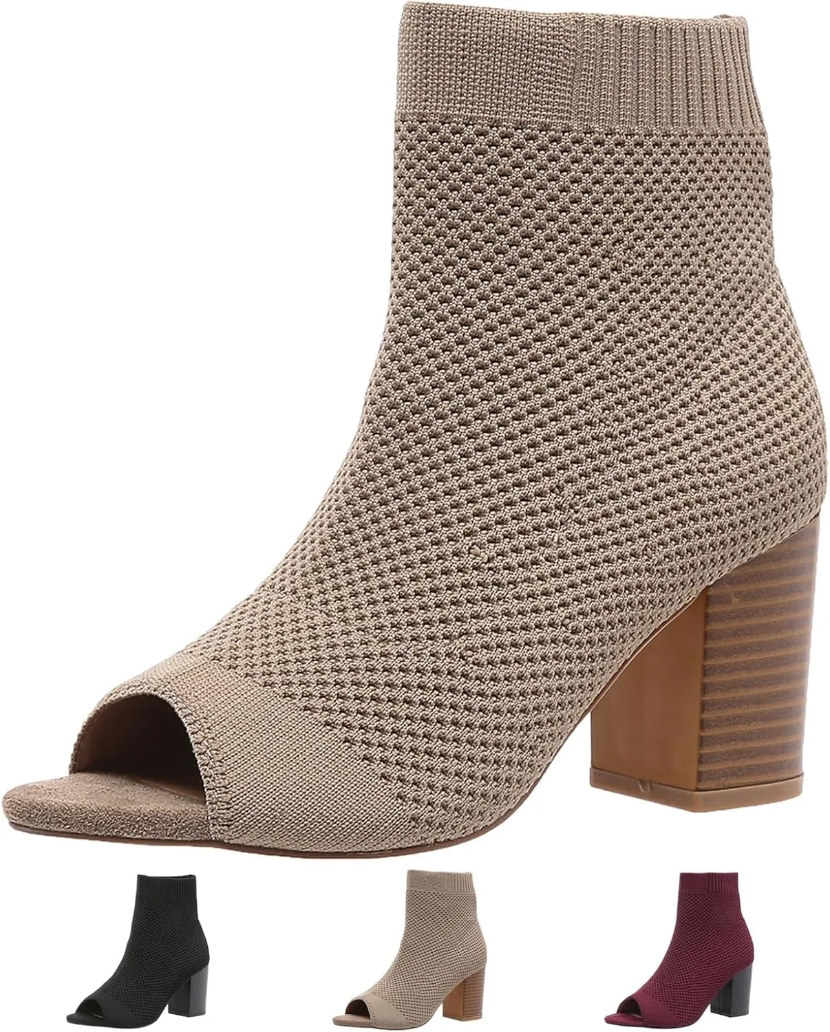 SACFOF Women's Knit Peep Toe Slingback Chunky Heel Ankle Boots Summer Breathable Slip On Dress Sock Heeled Sandals
