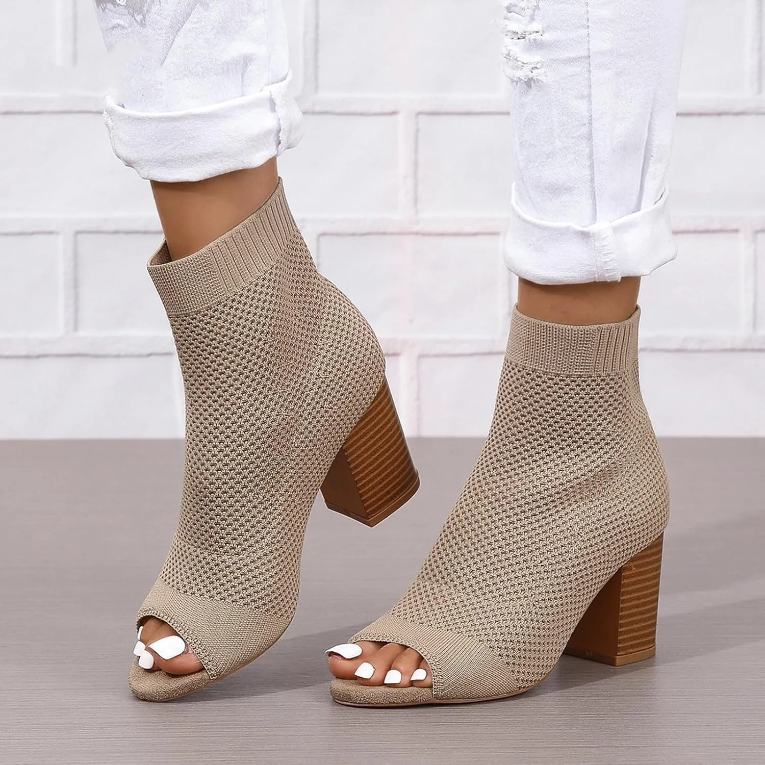 SACFOF Women's Knit Peep Toe Slingback Chunky Heel Ankle Boots Summer Breathable Slip On Dress Sock Heeled Sandals