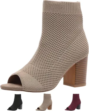 SACFOF Women's Knit Peep Toe Slingback Chunky Heel Ankle Boots Summer Breathable Slip On Dress Sock Heeled Sandals