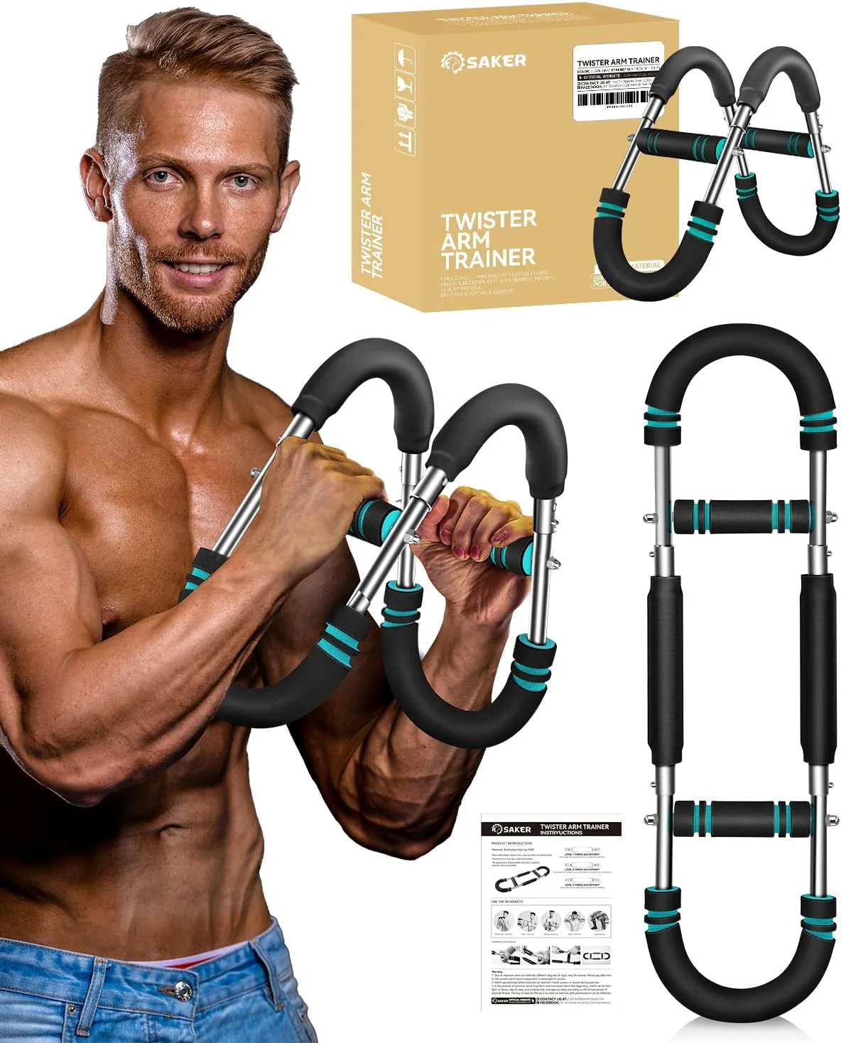 Saker Twister Arm Trainer, Adjustable Chest Workout Equipment, Forearm Strengthener, Portable Power Twister Bar, Detachable Design Fitness Anywhere