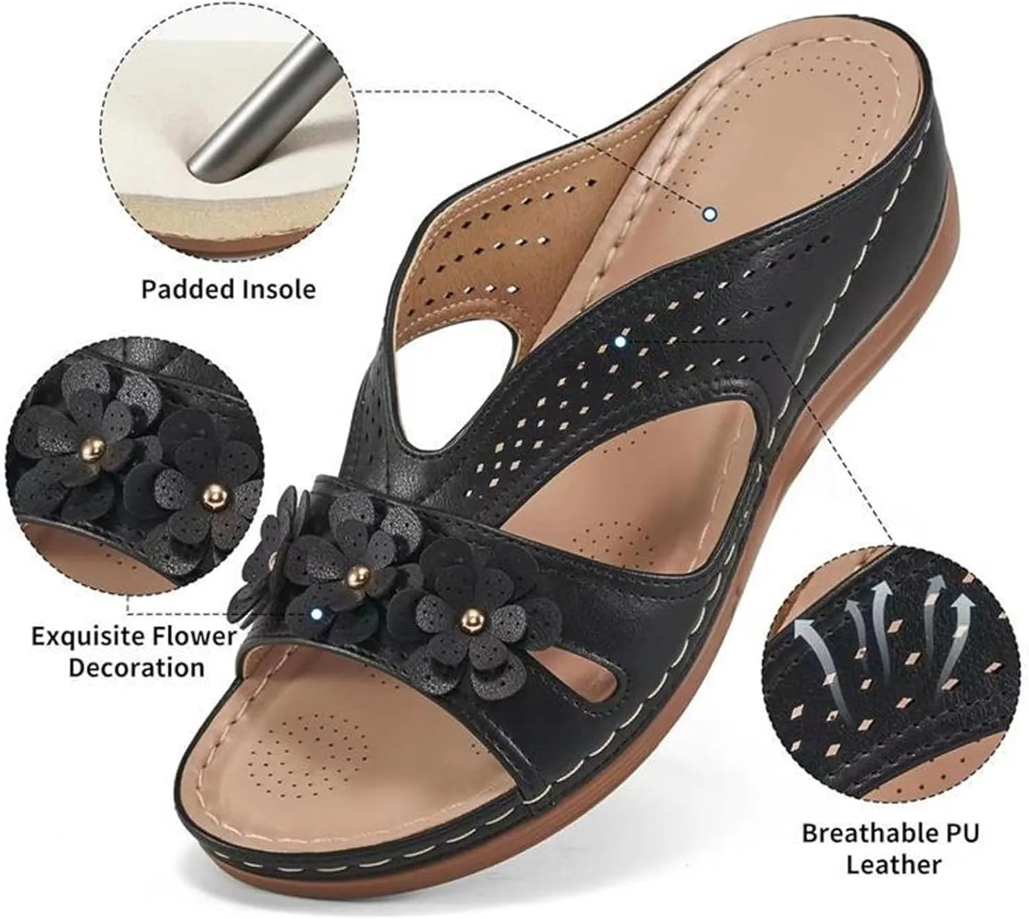 Sandals for Women Wedge Shoes Slip On Dressy Summer Comfortable Slides Arch Support with Flowers Sandal Casual Comfort Lightweight Cross Strap Sandals-Shock Platform Fishmouth Slippers