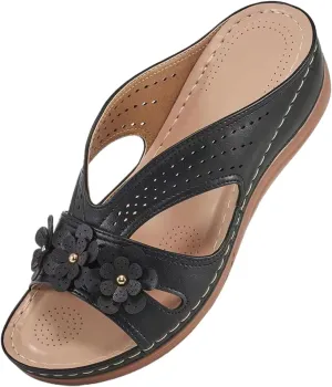 Sandals for Women Wedge Shoes Slip On Dressy Summer Comfortable Slides Arch Support with Flowers Sandal Casual Comfort Lightweight Cross Strap Sandals-Shock Platform Fishmouth Slippers