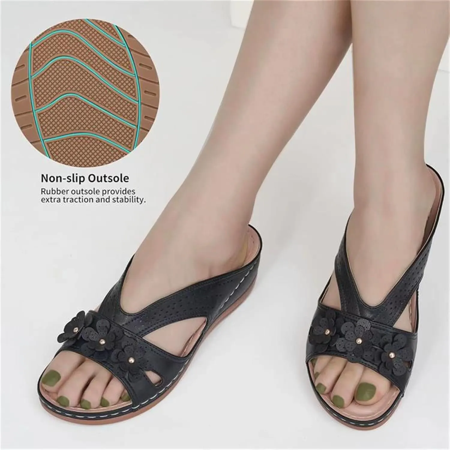 Sandals for Women Wedge Shoes Slip On Dressy Summer Comfortable Slides Arch Support with Flowers Sandal Casual Comfort Lightweight Cross Strap Sandals-Shock Platform Fishmouth Slippers