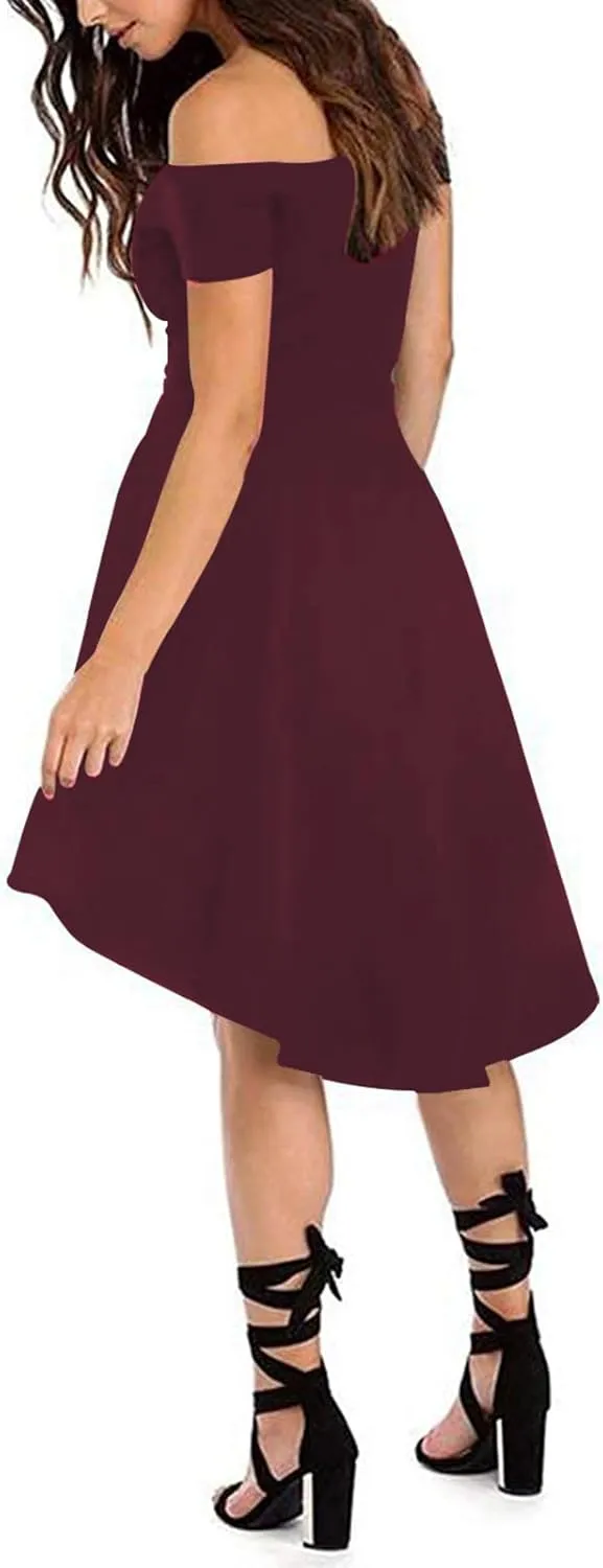 Sarin Mathews Womens Off The Shoulder Short Sleeve High Low Cocktail Skater Dress