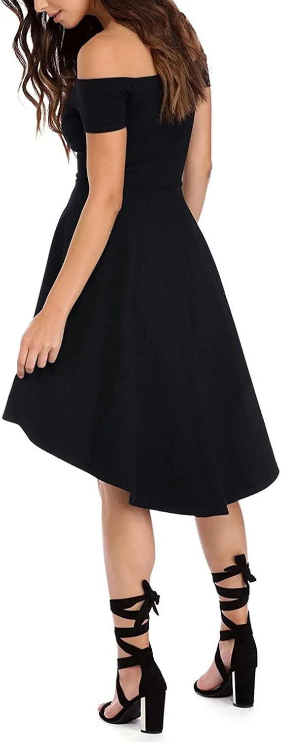 Sarin Mathews Womens Off The Shoulder Short Sleeve High Low Cocktail Skater Dress