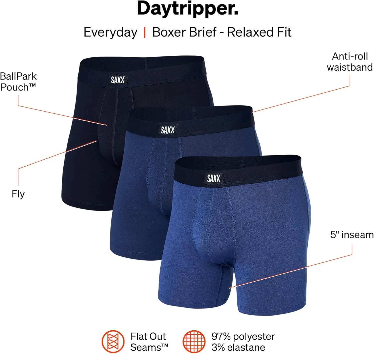 SAXX Underwear Co. - Men's Daytripper Boxer Brief Fly 3Pk With Built-In Pouch Support - Underwear For Men