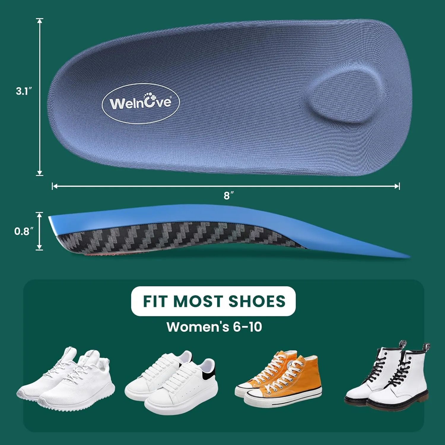 Semi-Rigid Arch Support Inserts for Men Women - Welnove Work Boot Insole for Walking or Standing All Days,3/4 Length Heel Pain Relief Insert for Flat Feet,Shoe Insoles for Women 6-10