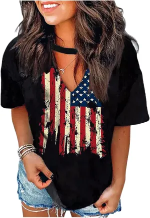 Sexy V Neck T Shirts for Women Tie Dye Hollow Out Blouse Tops Summer Loose Casual Shirt Country Music Graphic Tee Shirts
