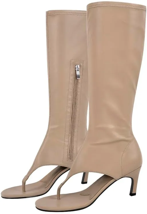 sexytag Women's Thong Sandals Open Toe Knee High Kitten Heels Sandal Boots