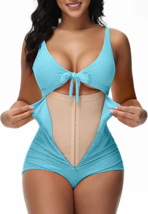 SHAPSHE Women's Tummy Control Swimsuit One Piece Slimming Bathing Suit Cutout Tie Knot Front Bikini Push Up Swimwear