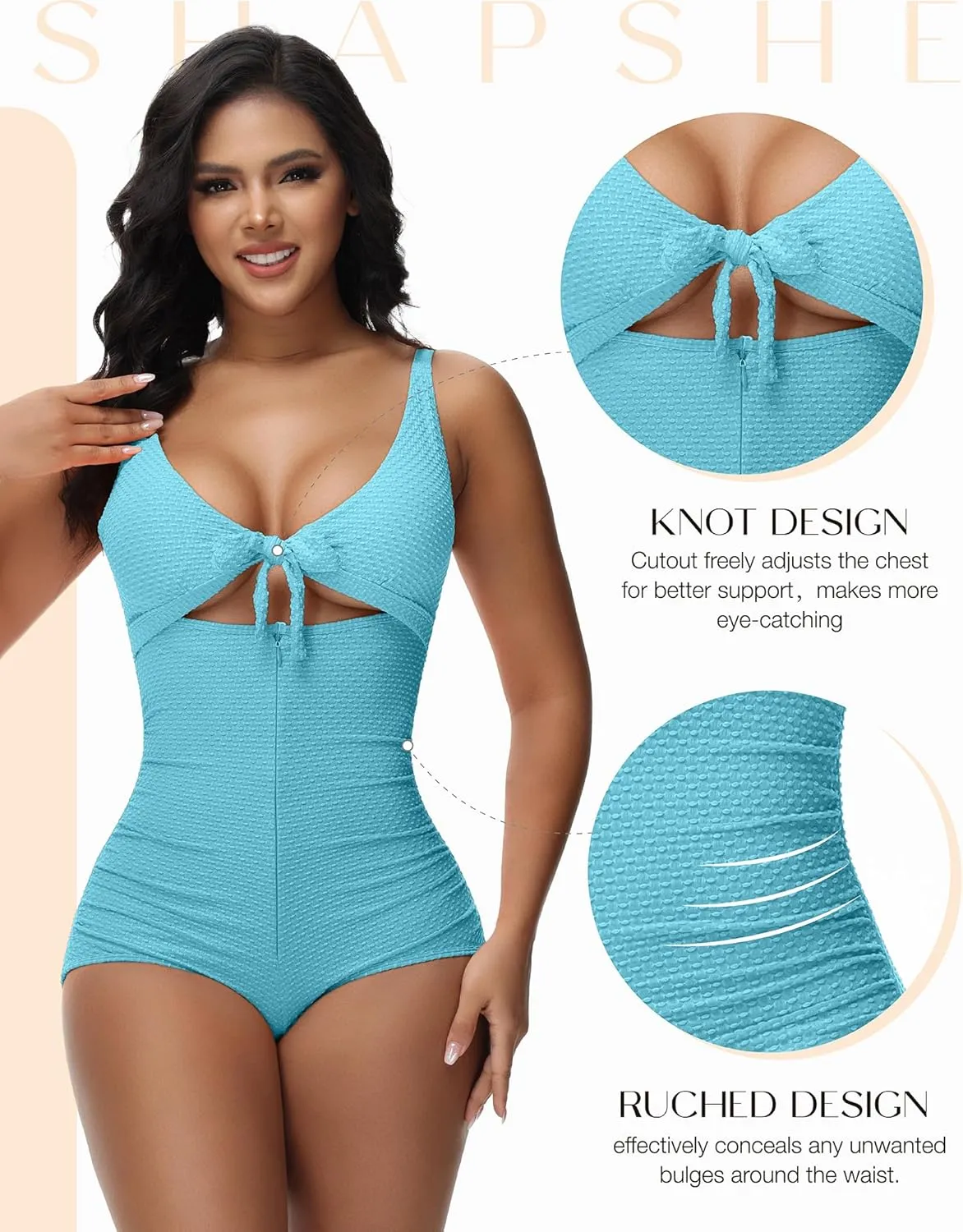 SHAPSHE Women's Tummy Control Swimsuit One Piece Slimming Bathing Suit Cutout Tie Knot Front Bikini Push Up Swimwear