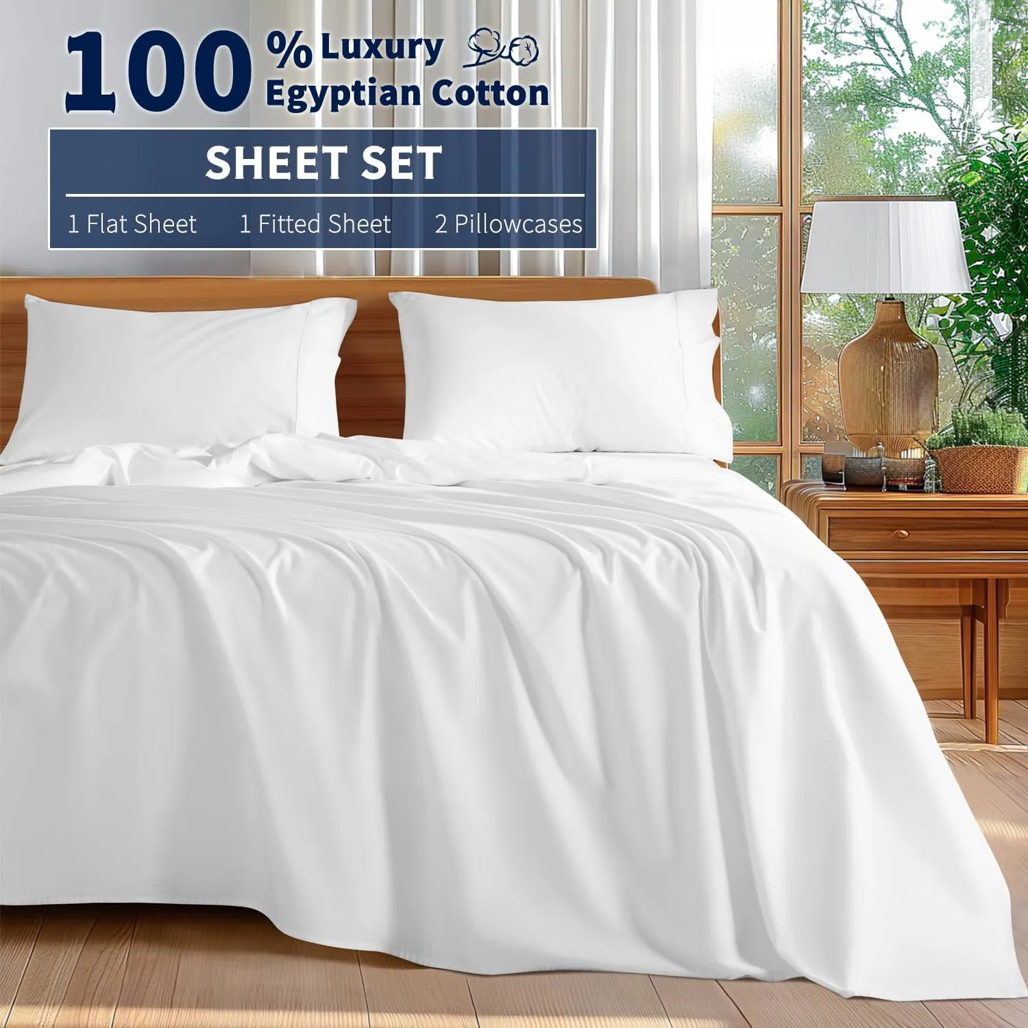 Shilucheng 100% Cotton Queen Size Sheets Set - 600 Thread Count，Luxury Egyptian Cotton Bed Sheets，5-Star Hotel Quality Sheets, Breathable & Cooling, 16 Inch Deep Pocket - 4 Piece (White, Queen)