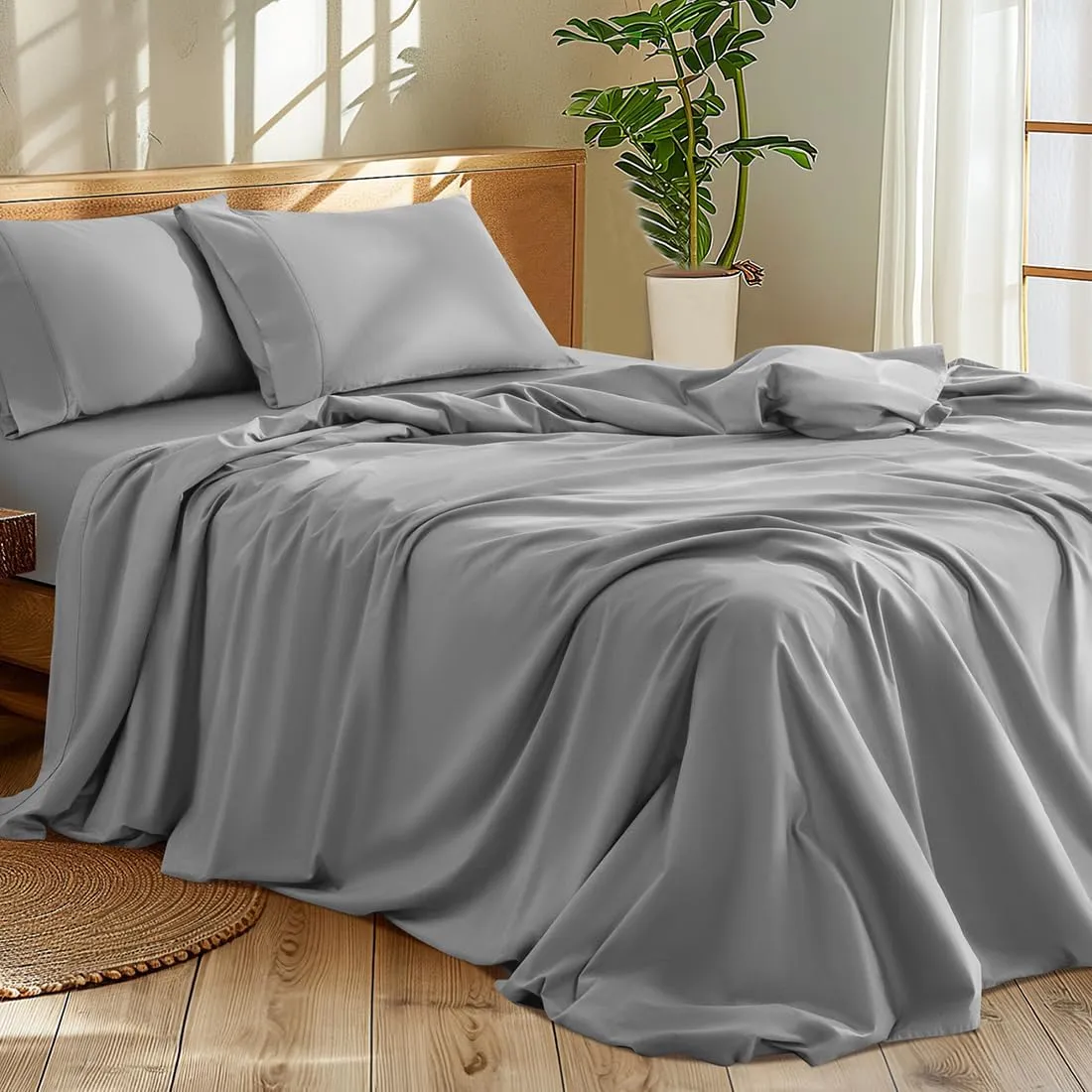 Shilucheng 1200 Thread Count Cotton Sheets Set，Luxury 100% Egyptian Cotton Bed Sheets，5-Star Hotel Quality Sheets, Breathable & Cooling, 16 Inch Deep Pocket - 4 Piece (Grey, King)