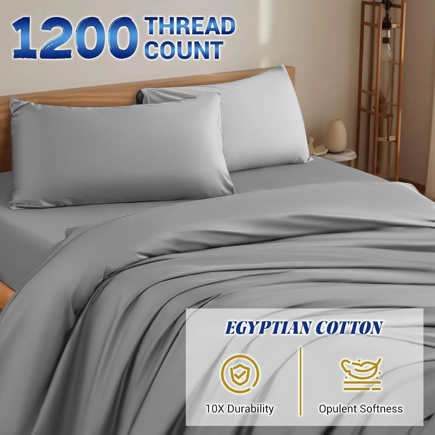 Shilucheng 1200 Thread Count Cotton Sheets Set，Luxury 100% Egyptian Cotton Bed Sheets，5-Star Hotel Quality Sheets, Breathable & Cooling, 16 Inch Deep Pocket - 4 Piece (Grey, King)