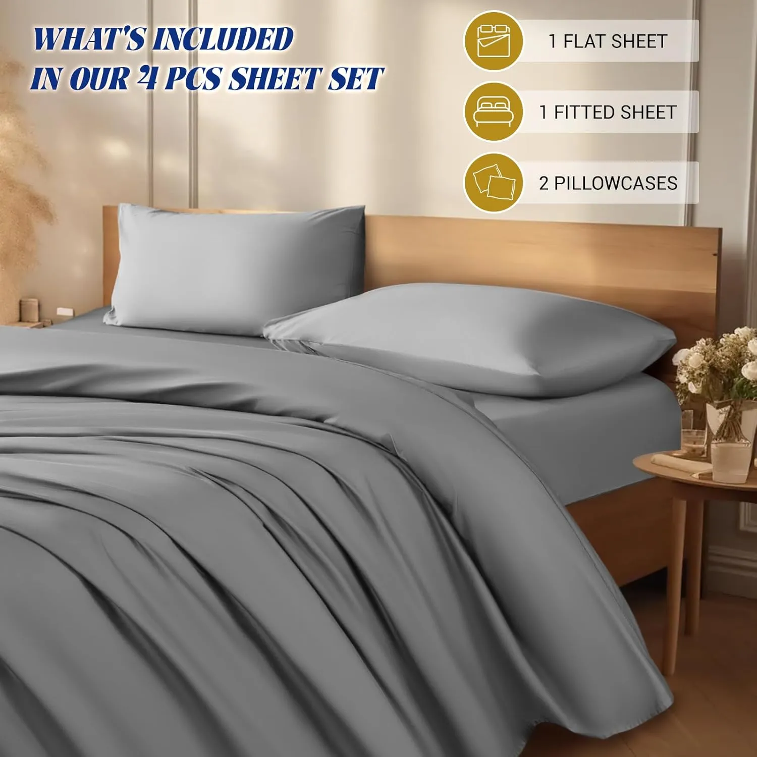 Shilucheng 1200 Thread Count Cotton Sheets Set，Luxury 100% Egyptian Cotton Bed Sheets，5-Star Hotel Quality Sheets, Breathable & Cooling, 16 Inch Deep Pocket - 4 Piece (Grey, King)