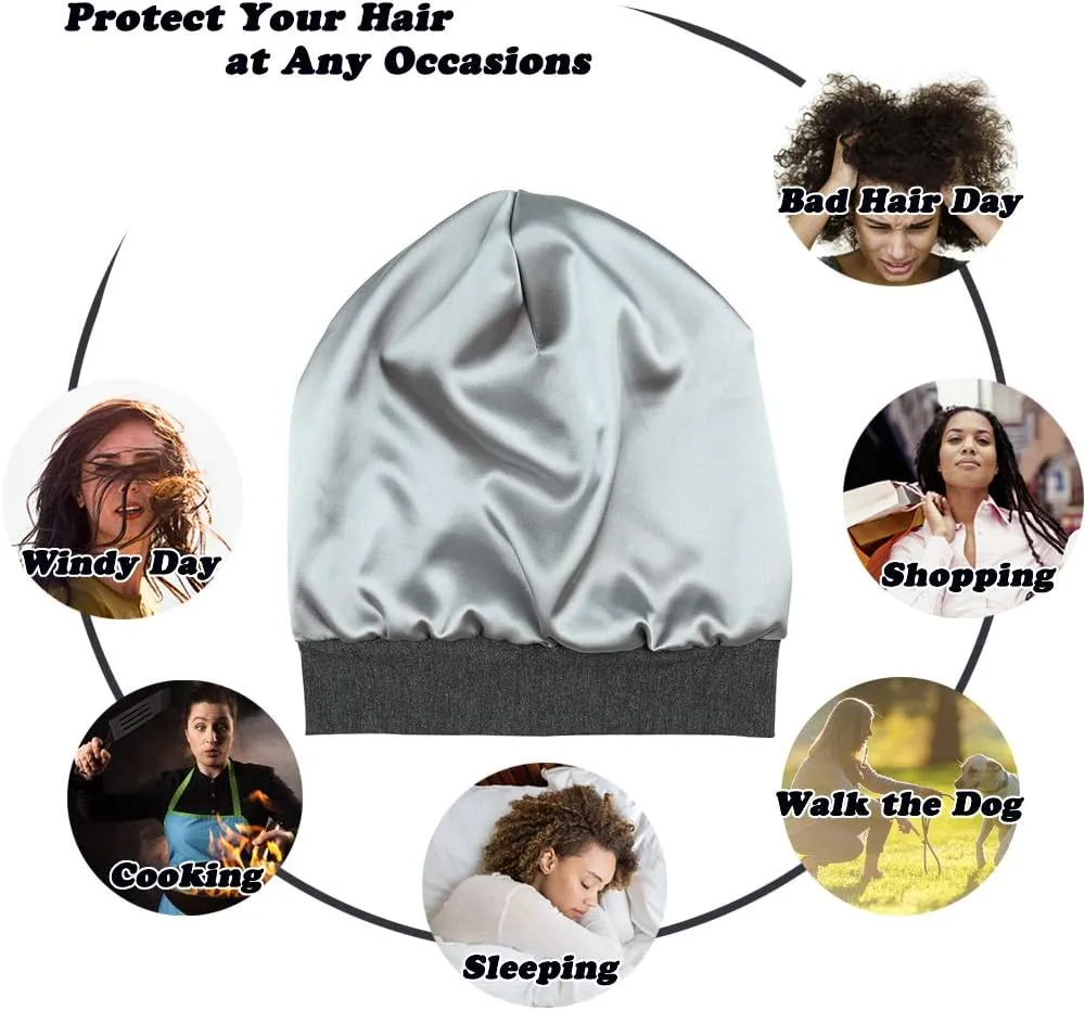 Silk Satin Lined Sleep Cap,Inner 19MM 100% Mulberry Silk Outer Viscose Nature Breathable for Hair