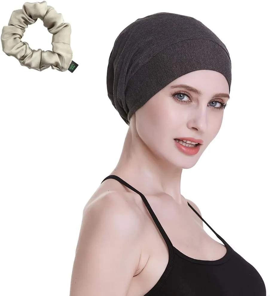 Silk Satin Lined Sleep Cap,Inner 19MM 100% Mulberry Silk Outer Viscose Nature Breathable for Hair