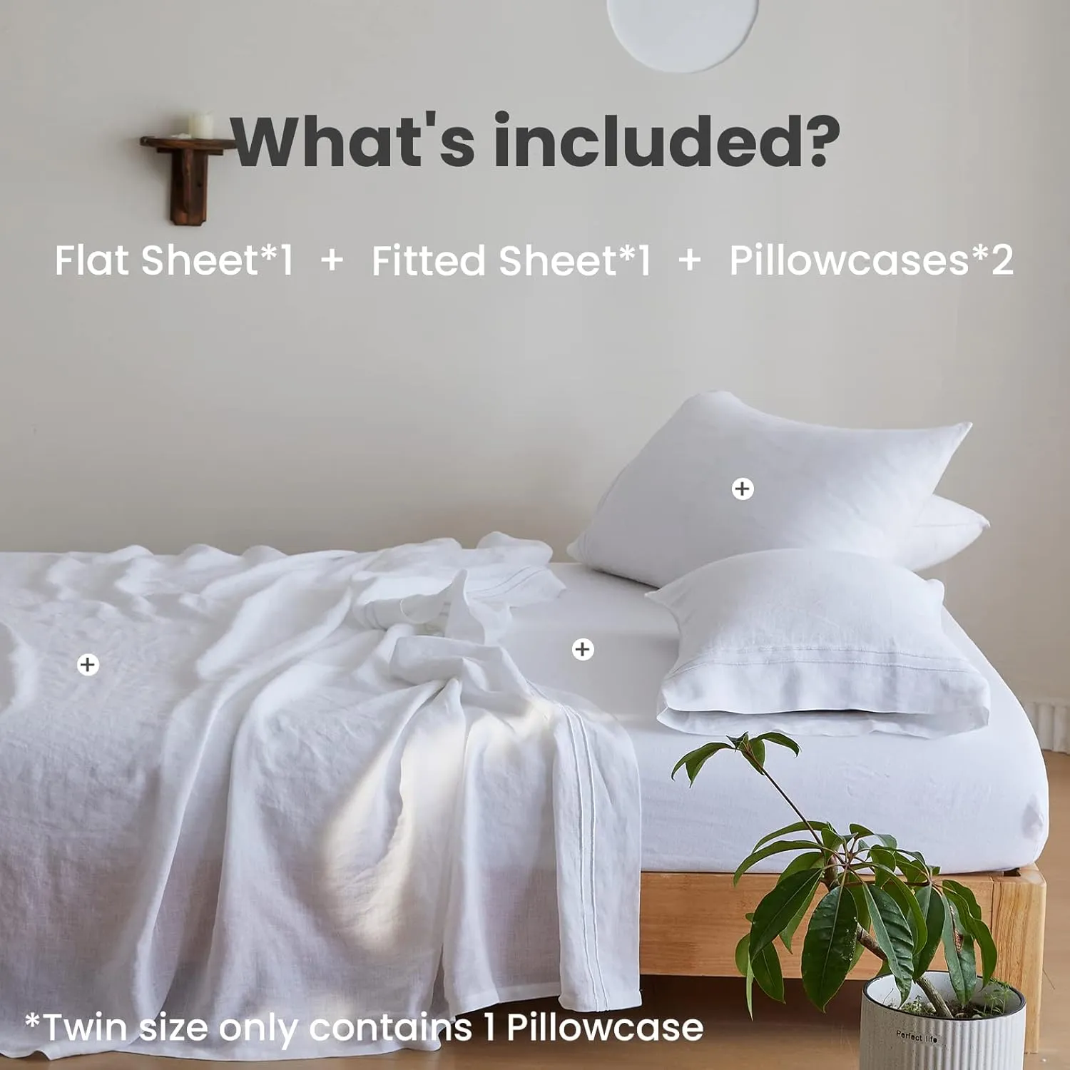 Simple&Opulence 100% Linen Sheet Set 4 Pieces Natural France Flax Bed Sheet (1 Flat Sheet, 1 Fitted Sheet, 2 Pillowcases) Breathable Luxury Hotel Bedding - Embroidery White, King Size
