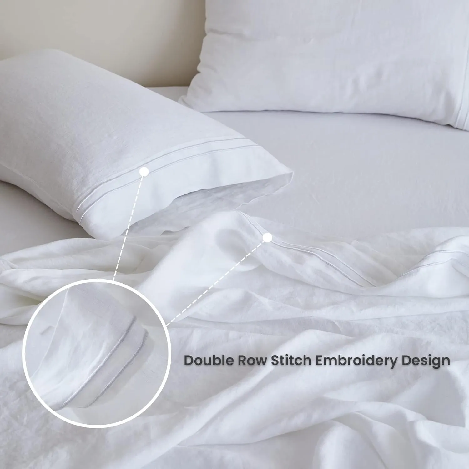 Simple&Opulence 100% Linen Sheet Set 4 Pieces Natural France Flax Bed Sheet (1 Flat Sheet, 1 Fitted Sheet, 2 Pillowcases) Breathable Luxury Hotel Bedding - Embroidery White, King Size