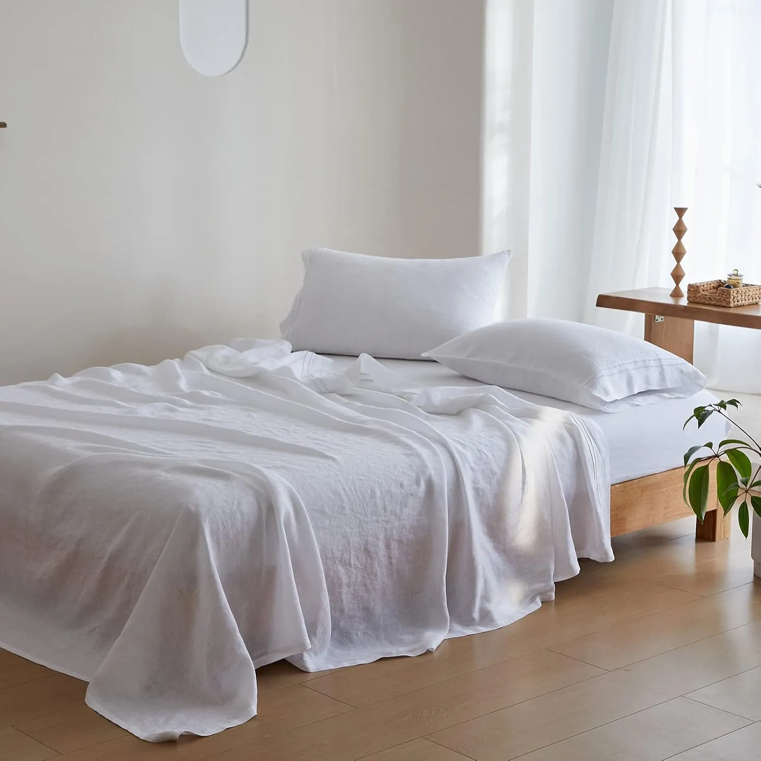 Simple&Opulence 100% Linen Sheet Set 4 Pieces Natural France Flax Bed Sheet (1 Flat Sheet, 1 Fitted Sheet, 2 Pillowcases) Breathable Luxury Hotel Bedding - Embroidery White, King Size