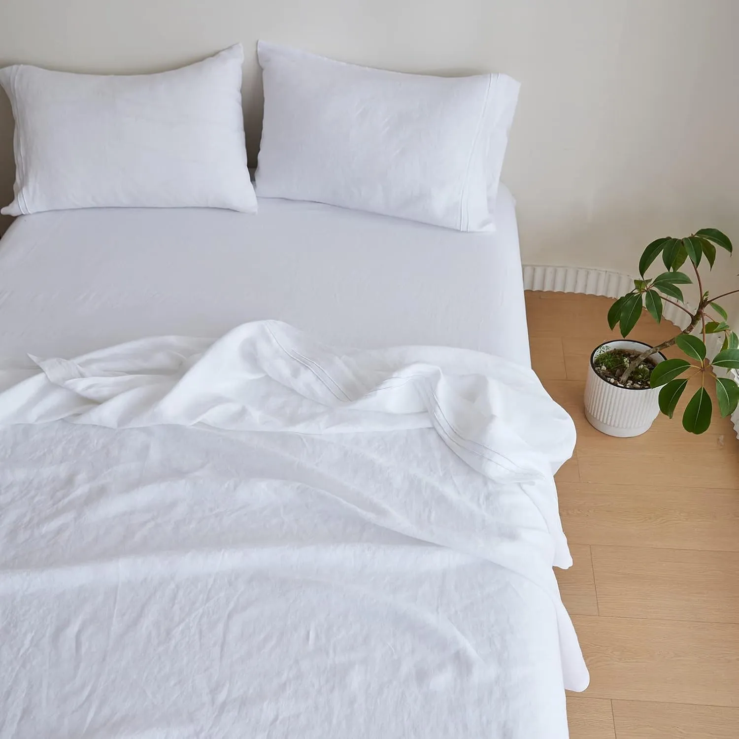 Simple&Opulence 100% Linen Sheet Set 4 Pieces Natural France Flax Bed Sheet (1 Flat Sheet, 1 Fitted Sheet, 2 Pillowcases) Breathable Luxury Hotel Bedding - Embroidery White, King Size