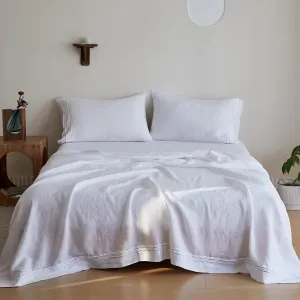 Simple&Opulence 100% Linen Sheet Set 4 Pieces Natural France Flax Bed Sheet (1 Flat Sheet, 1 Fitted Sheet, 2 Pillowcases) Breathable Luxury Hotel Bedding - Embroidery White, King Size