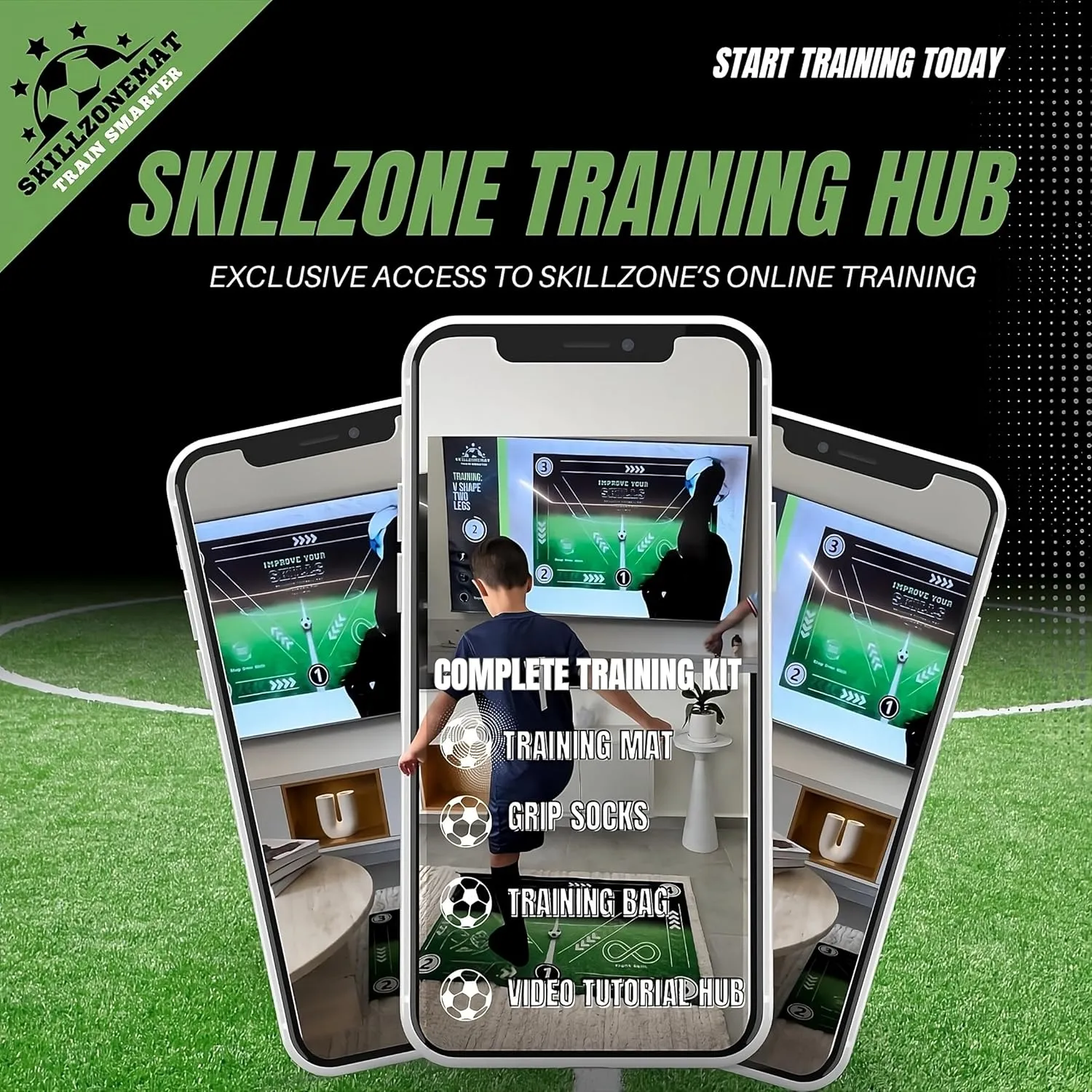 SkillZone Soccer Training Mat - Complete Set with Video Hub | Includes Grip Socks & Carry Bag | Non-Slip, Ultra-Thick & Wide for Agility, Ball Control & Mastery | Indoor & Outdoor Soccer Trainer for All Ages
