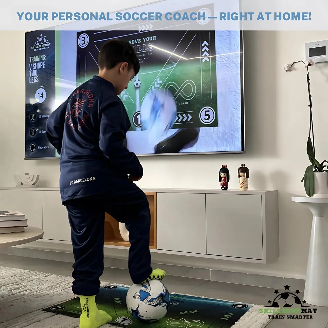 SkillZone Soccer Training Mat - Complete Set with Video Hub | Includes Grip Socks & Carry Bag | Non-Slip, Ultra-Thick & Wide for Agility, Ball Control & Mastery | Indoor & Outdoor Soccer Trainer for All Ages