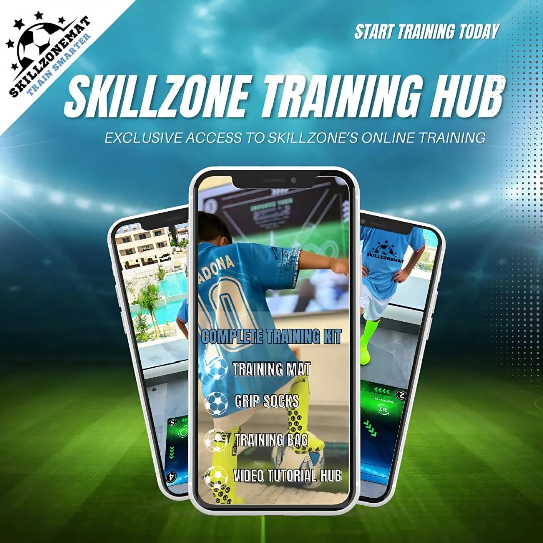 SkillZone Soccer Training Mat - Complete Set with Video Hub | Includes Grip Socks & Carry Bag | Non-Slip, Ultra-Thick & Wide for Agility, Ball Control & Mastery | Indoor & Outdoor Soccer Trainer for All Ages