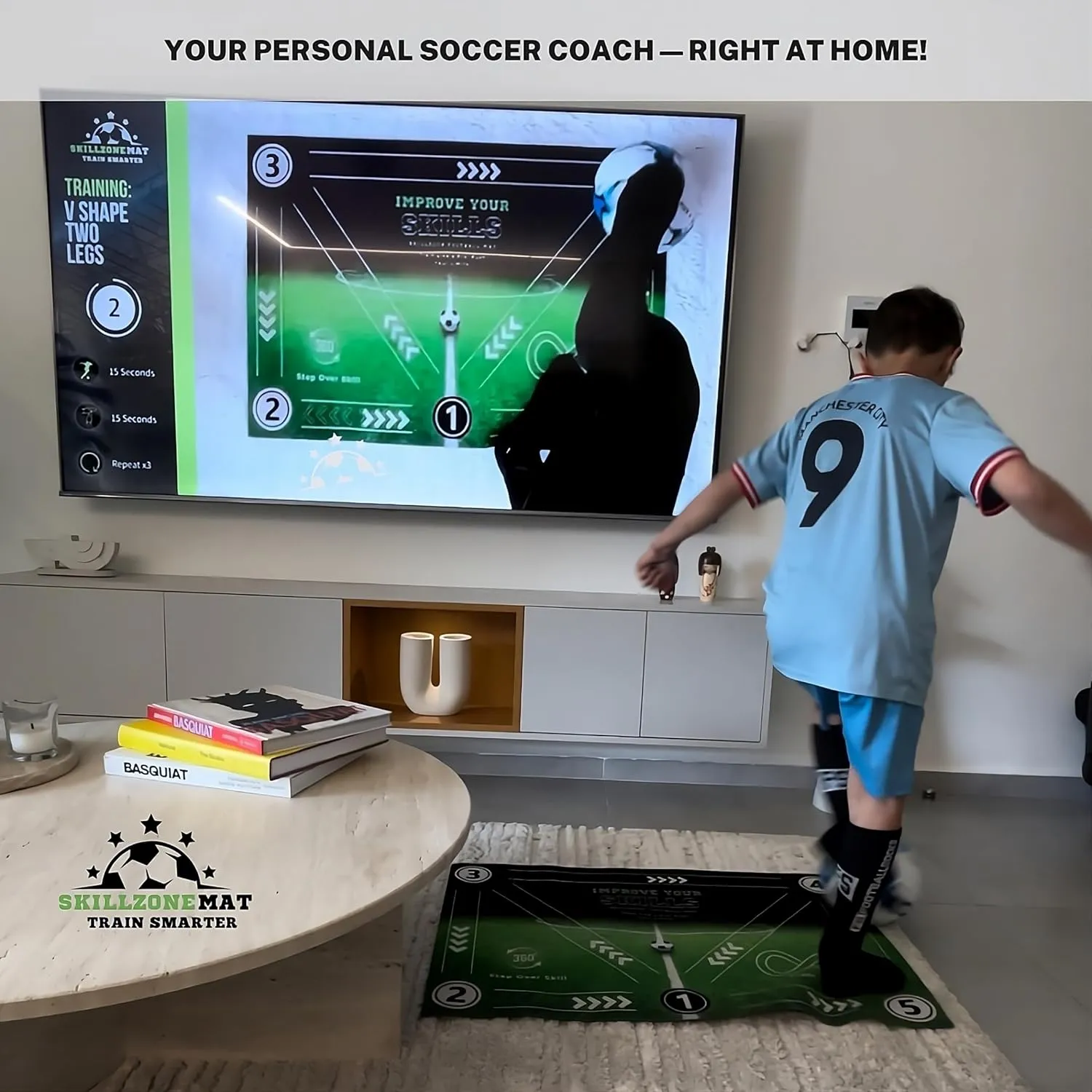 SkillZone Soccer Training Mat - Complete Set with Video Hub | Includes Grip Socks & Carry Bag | Non-Slip, Ultra-Thick & Wide for Agility, Ball Control & Mastery | Indoor & Outdoor Soccer Trainer for All Ages