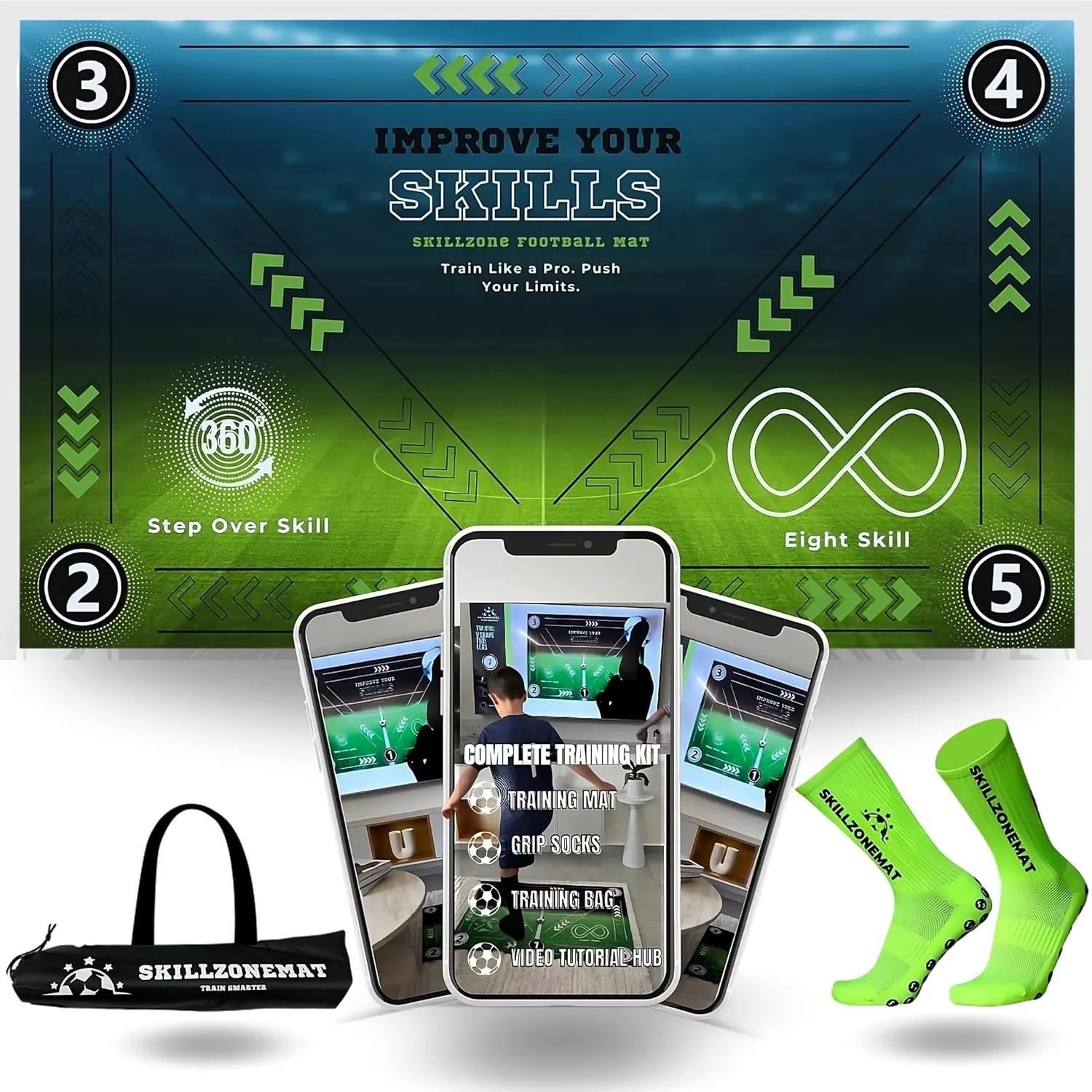 SkillZone Soccer Training Mat - Complete Set with Video Hub | Includes Grip Socks & Carry Bag | Non-Slip, Ultra-Thick & Wide for Agility, Ball Control & Mastery | Indoor & Outdoor Soccer Trainer for All Ages