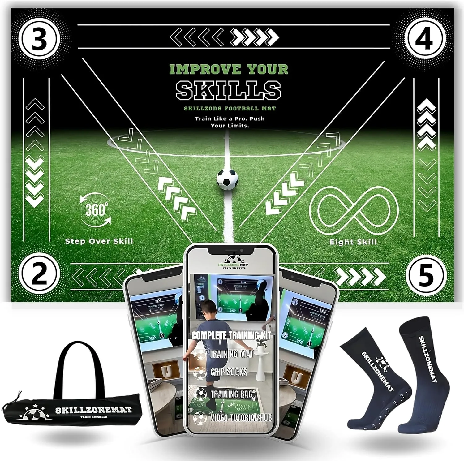 SkillZone Soccer Training Mat - Complete Set with Video Hub | Includes Grip Socks & Carry Bag | Non-Slip, Ultra-Thick & Wide for Agility, Ball Control & Mastery | Indoor & Outdoor Soccer Trainer for All Ages