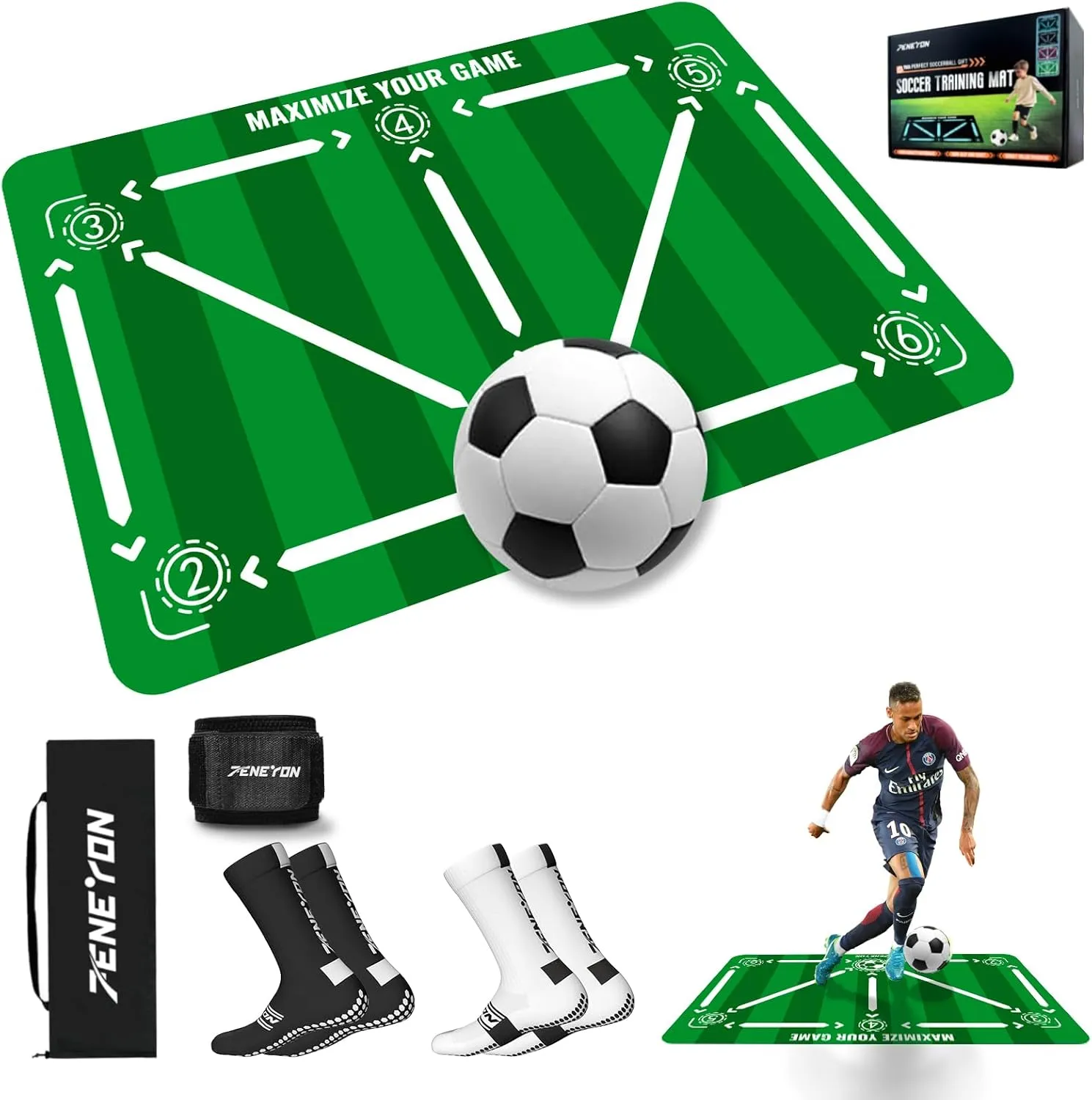 Soccer Training Mat with Soccerball socks-Non-Slip Soccer Training Equipment for Adults and Professional Athletes to Boost Speed, Strength & Coordination | Soccer Trainer for Indoor/Outdoor Drills