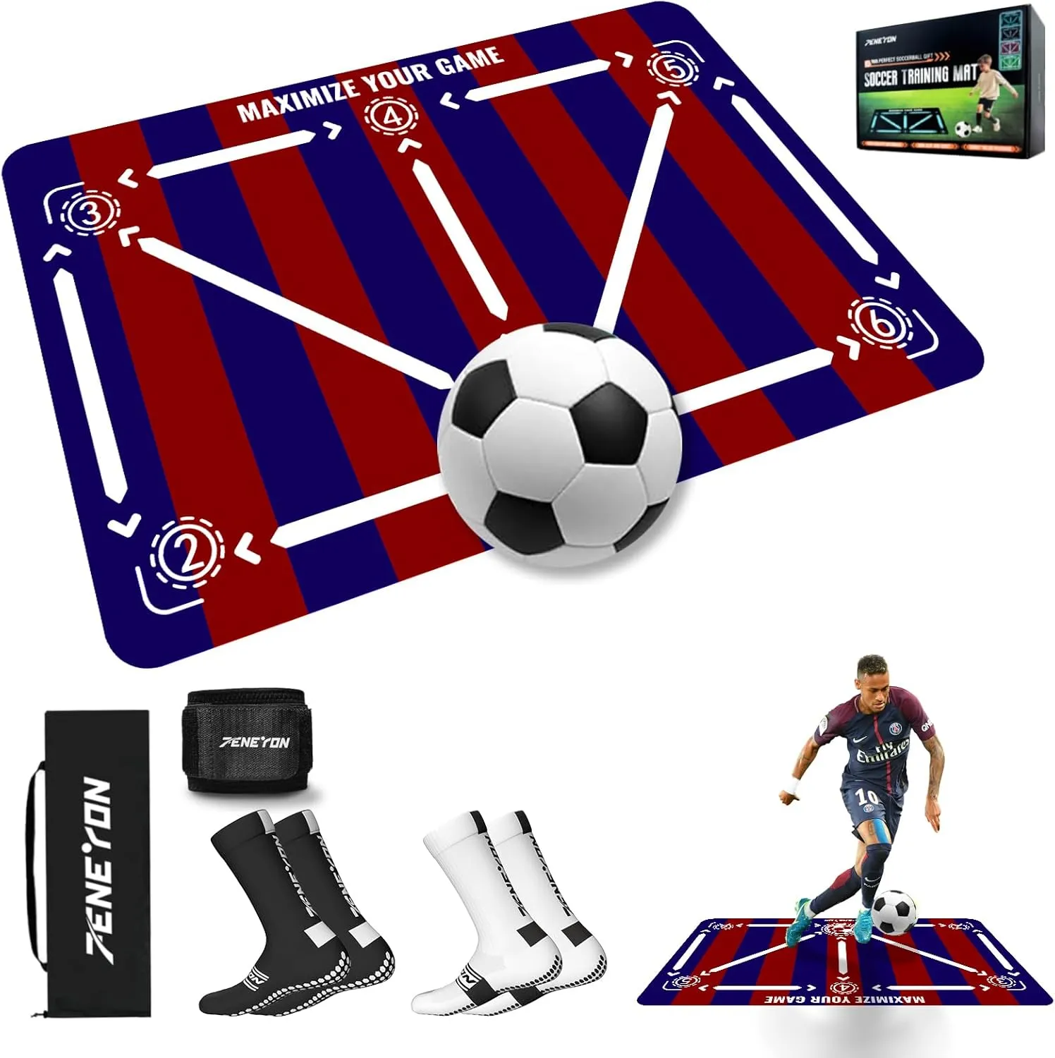 Soccer Training Mat with Soccerball socks-Non-Slip Soccer Training Equipment for Adults and Professional Athletes to Boost Speed, Strength & Coordination | Soccer Trainer for Indoor/Outdoor Drills