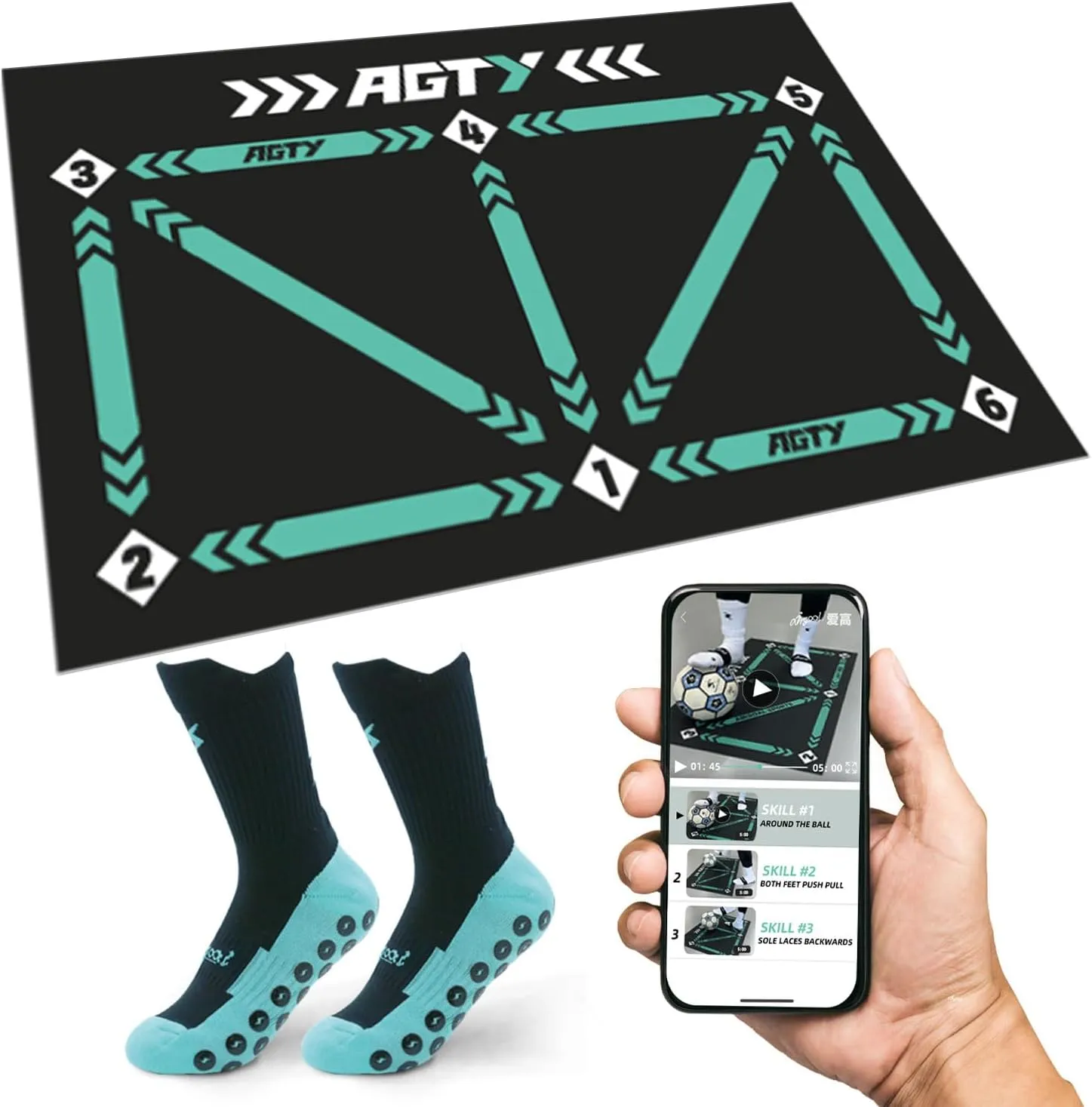 Soccer Training Mat with Training Videos, Soccer Dribble Trainer for All Ages - Soccer Footstep Training Equipment with Non-Slip Socks - Ideal Gift Set for All Age Kids