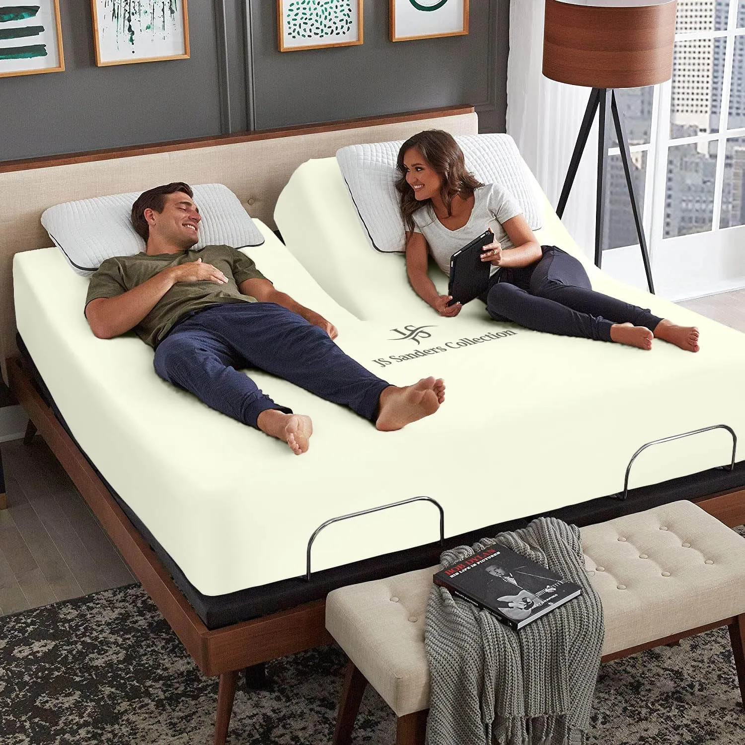 Split Head Flex Cal King Sheet Set - 100% Cotton Bed Sheets for Adjustable Beds - Flex Top Cal King Sheets for Sleep Number Beds 18" Deep, 34" Split Top 4 Piece Set (Half Split Fitted) Ivory