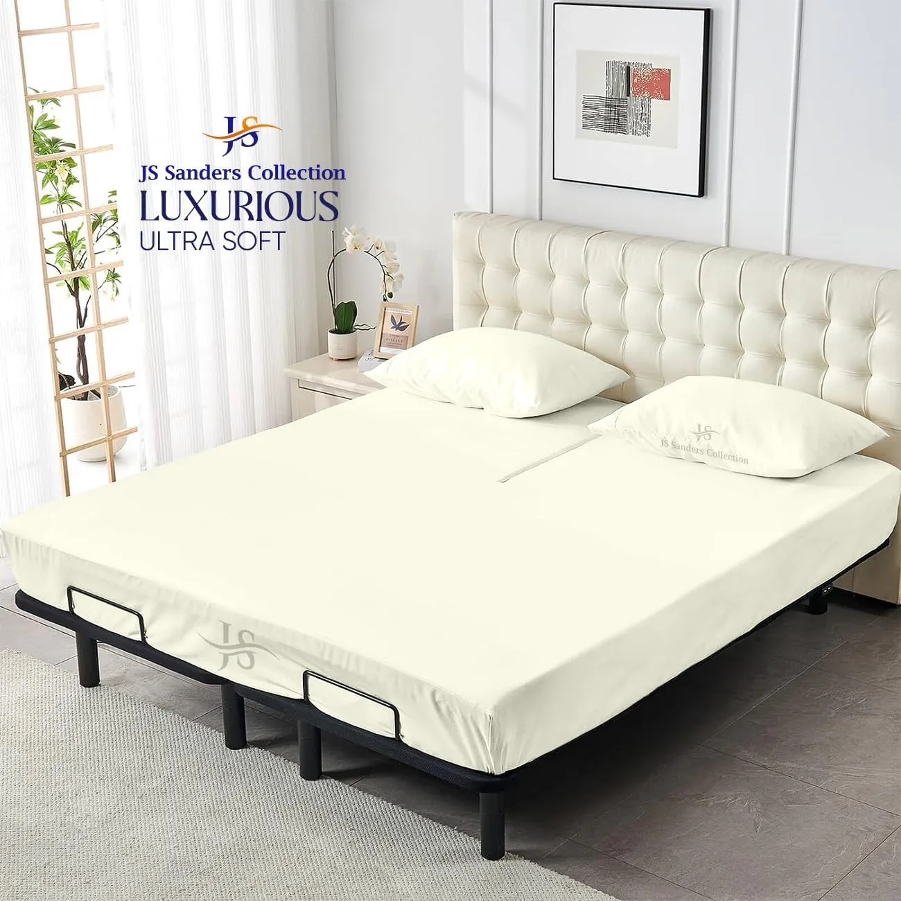 Split Head Flex Cal King Sheet Set - 100% Cotton Bed Sheets for Adjustable Beds - Flex Top Cal King Sheets for Sleep Number Beds 18" Deep, 34" Split Top 4 Piece Set (Half Split Fitted) Ivory