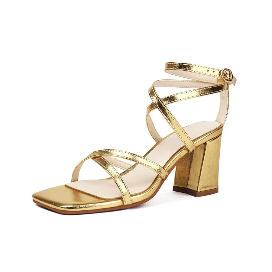 Square Toe 3'' Block Heel Ankle Strap Sandals