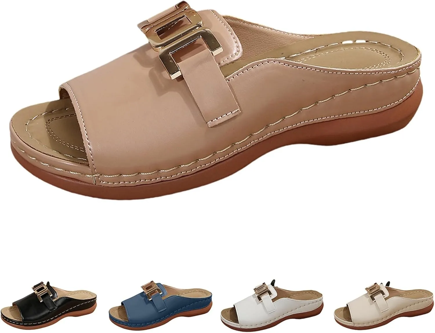 Summer Sandals for Women Open Toe Orthopedic Wedge Sandal with Arch Support Adjustable Buckle Slip On Beach Slides