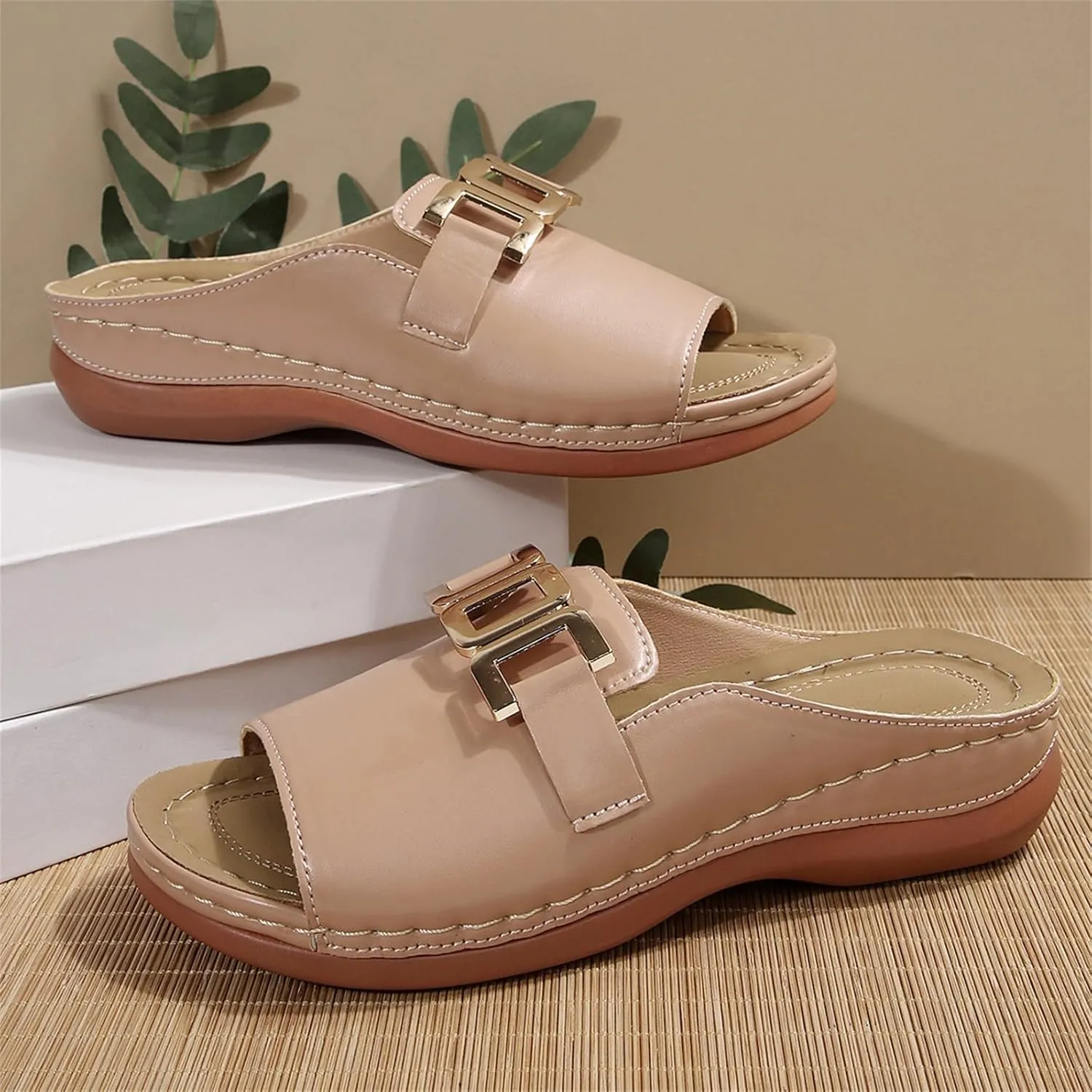 Summer Sandals for Women Open Toe Orthopedic Wedge Sandal with Arch Support Adjustable Buckle Slip On Beach Slides