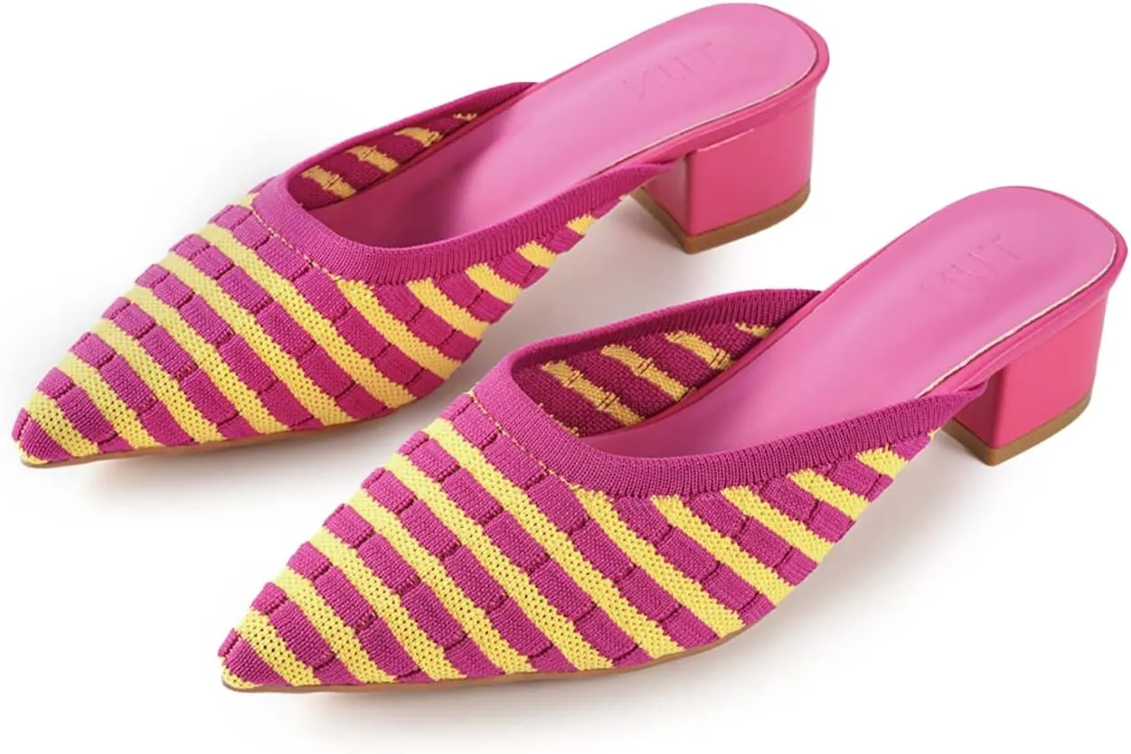 TIJN Heels,Pointed Toe Mules for Momen with Low Heel, Breathable Mesh Knit Slip On Flat Sandals,Helka