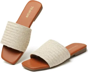 Tilocow Knitted Flat Sandals For women Square Open Toe Slide Sandals Casual Summer Shoes