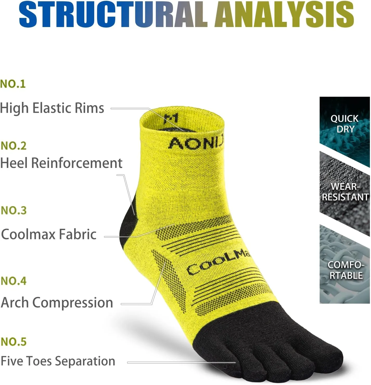 Toe Socks Cool-max Running Socks for Men Women 3 Pairs Athletic Breathable Five Finger Socks