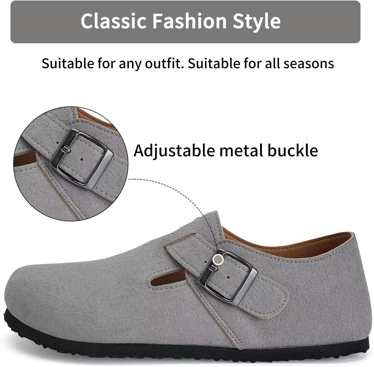 Torotto Womens Clogs Cork Footbed Suede Slippers Arch Support Potato Shoes with Adjustable Buckle
