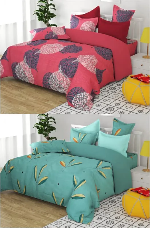 VAS COLLECTIONS Prime Combo Pack of 2 Double Bedsheet with 4 Pillow Covers | 160 TC Soft Brushed Glace Cotton -Long Lasting & Wrinkle Free - | 225X228 Cm Or 7.5X7.5 Ft-Pink & Green