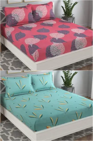 VAS COLLECTIONS Prime Combo Pack of 2 Double Bedsheet with 4 Pillow Covers | 160 TC Soft Brushed Glace Cotton -Long Lasting & Wrinkle Free - | 225X228 Cm Or 7.5X7.5 Ft-Pink & Green