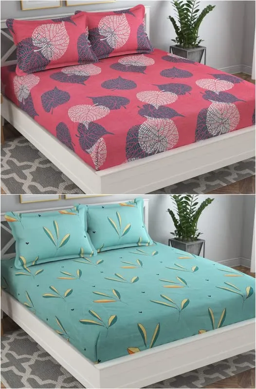 VAS COLLECTIONS Prime Combo Pack of 2 Double Bedsheet with 4 Pillow Covers | 160 TC Soft Brushed Glace Cotton -Long Lasting & Wrinkle Free - | 225X228 Cm Or 7.5X7.5 Ft-Pink & Green